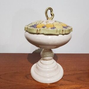Handmade Ceramic Footed Compote with Lid Fruit Design Pedestal Bowl‎ Decor